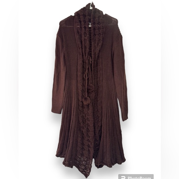 VENICE BLUE Chocolate Brown Boho Pom Pom Tie Longline Cardigan L/XL Sweater Top - Picture 3 of 16